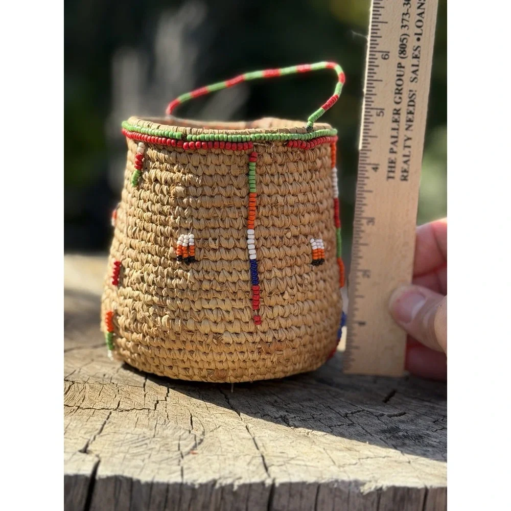 Old Expertly Handwoven‎ Beaded Basket – Glass Trade Beads – 4.5
